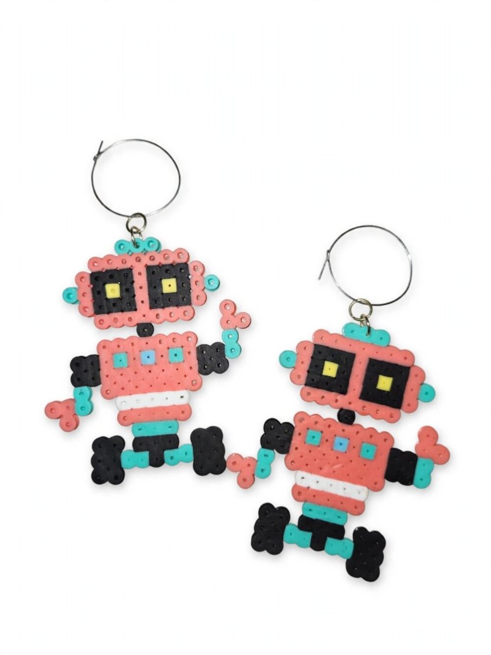 Handmade Retro Robot Perler Bead Dangle Earrings - Pink & Blue - Hoop Hooks